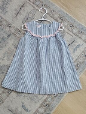 Jessica Ann Girls Blue Seersucker Pink Ruffle Dress Top sz4T
